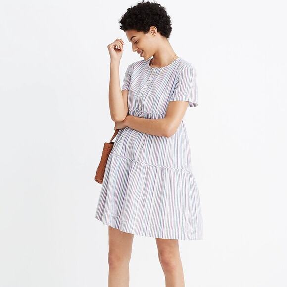 MADEWELL Striped Crewneck Button-Front Tiered Mini Dress {AA21} - Picture 1 of 8
